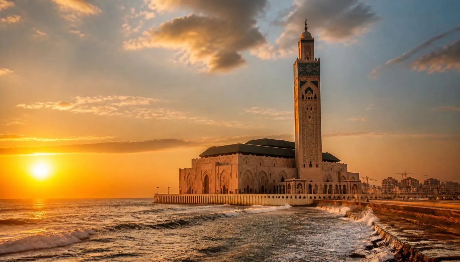 Casablanca et la mosquée Hassan II au coucher du soleil
